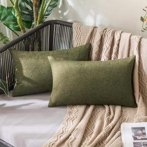 MIULEE Pack of 2 Decorative Outdoor Solid Waterproof Throw Pillow Covers Spring Faux Linen Garden Farmhouse Cushion Cases for Patio Tent Balcony Couch Sofa 20x12 Inch Olive Green