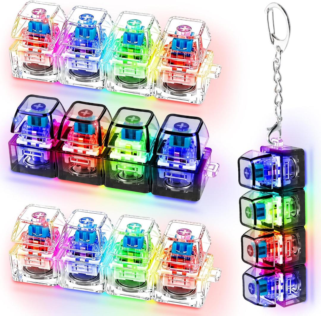 4 PCS Glow Keyboard Fidget Toy, Keyboard Fidget with LED Light Keychain 4-in-1 Keyboard Decompression Button Finger Clicker Toys, Button Stress Relief Fidget Gifts for Kids Adults (Clear Black)