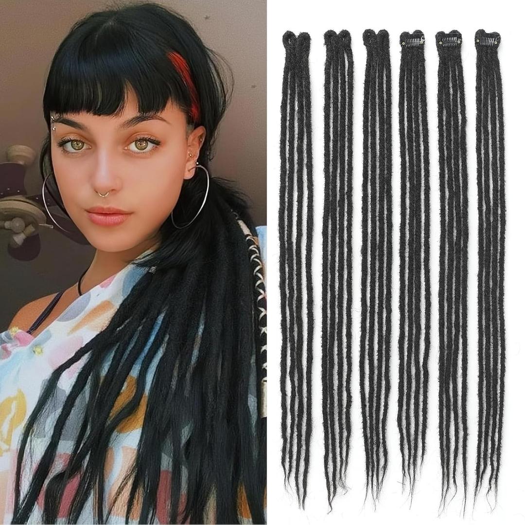 Dreadlock Extensions Clip in,24 Inch 6 Clips(24strands) Soft Black Clips in DreadsHandmade Braid Dreadlocks Hair Extensions for Women/Girls/Men Synthetic Hair Extension(24",1B#)