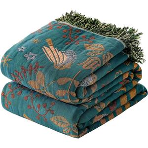 Boho Throw Blanket - 100% Cotton Soft Throw Blanket for Bed, 60"x80" Reversible Breathable Lightweight Spring Blankets, All Seasons Farmhouse Decor Floral Plant Throw Quilt (03-spring Bird Blue)