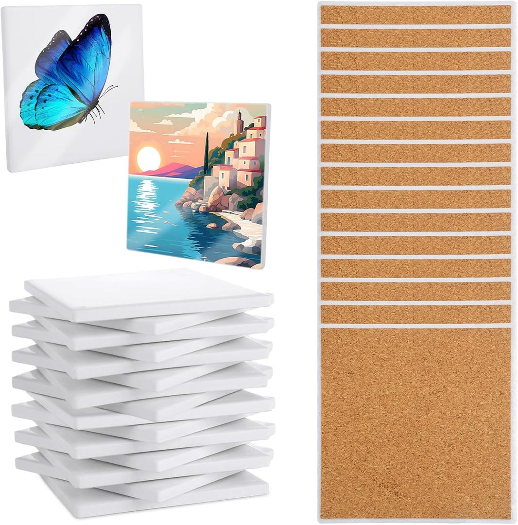 AKOLAFE 15 Sets Sublimation Coasters Blanks with Cork Back Ceramic Tile 4x4 Tiles Ceramic Tiles for Crafts Glossy Glazed Tile Coasters Blanks Ceramics Coaster for Sublimation Thermal Transfer Painting