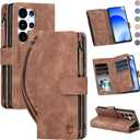 for Samsung Galaxy S26-Ultra-Wallet Case: with RFID Blocking Card Slots (6 Cards) | Soft PU Leather Magnetic Snap Zipper Pocket | Crossbody Wrist Strap Protective Phone Cover - Brown