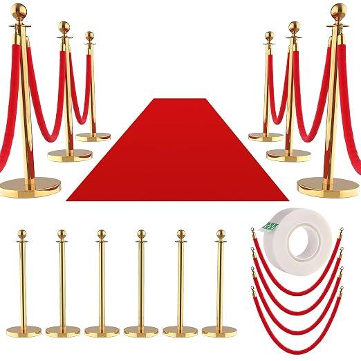 6Pcs Stanchions and Velvet Ropes with 15ft Red Carpet,Complete Crowd Control Barriers Set with 4 Red Velvet Ropes & Stainless Steel Posts for Party, Wedding, Event Supplies,Gold