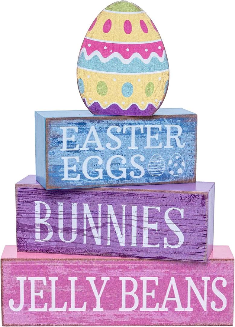 MORTICIA 4 Piece Easter Table Decoration Wooden Blocks with Colorful Egg, Pastel Farmhouse Centerpiece for Home Kitchen Party, Easter Eggs Bunnies Jelly Beans Signs