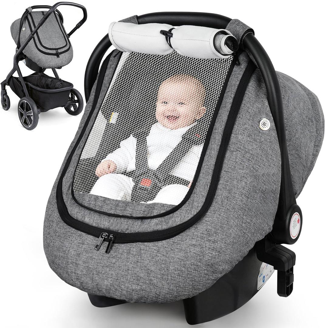 Rquite Car Seat Cover Baby, Carseat Covers Boy Girl, 2 Layers Window -Breathable Mesh & Wind/Sun Shade, Infant Car Seat Canopy Baby Carrier/Stroller Cover, Fit Spring, Fall, Winter, Cold Weather (Grey)