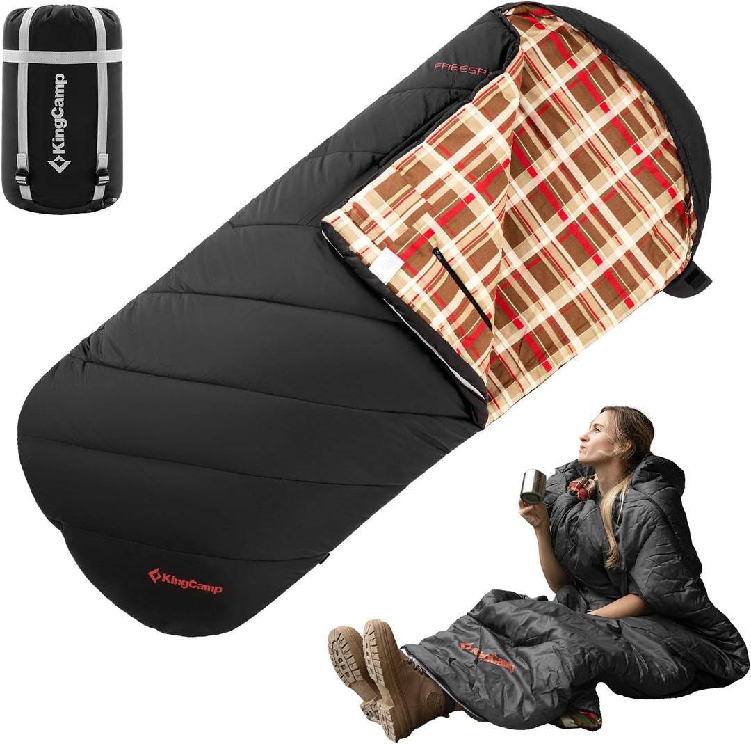 KingCamp Sleeping Bag for Adults, Cold Weather & Warm Extra Wide Big & Tall XL Portable Waterproof Flannel Sleeping Bags, Essentials Gear Accessories for Camping Backpacking Hiking Indoor & Outdoor (Wearable 4.8lbs Black)