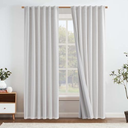 jinchan Linen 100% Blackout Curtains for Bedroom Living Room 90 Inches Long Grayish White Farmhouse Thermal Insulated Curtains Rod Pocket Back Tab Window Drapes with Gray Lining 2 Panels