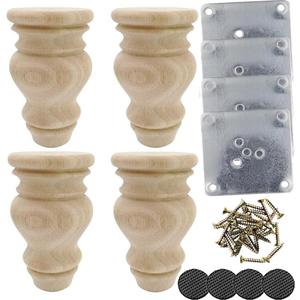 4.7 Inch Solid Wood Furniture Legs, Set of 4 - Heavy Duty Replacement Feet for Sofa, Couch, Chair, Ottoman, Cabinet & Bed | Unfinished Bun Foot with Screws & Mounting Plates