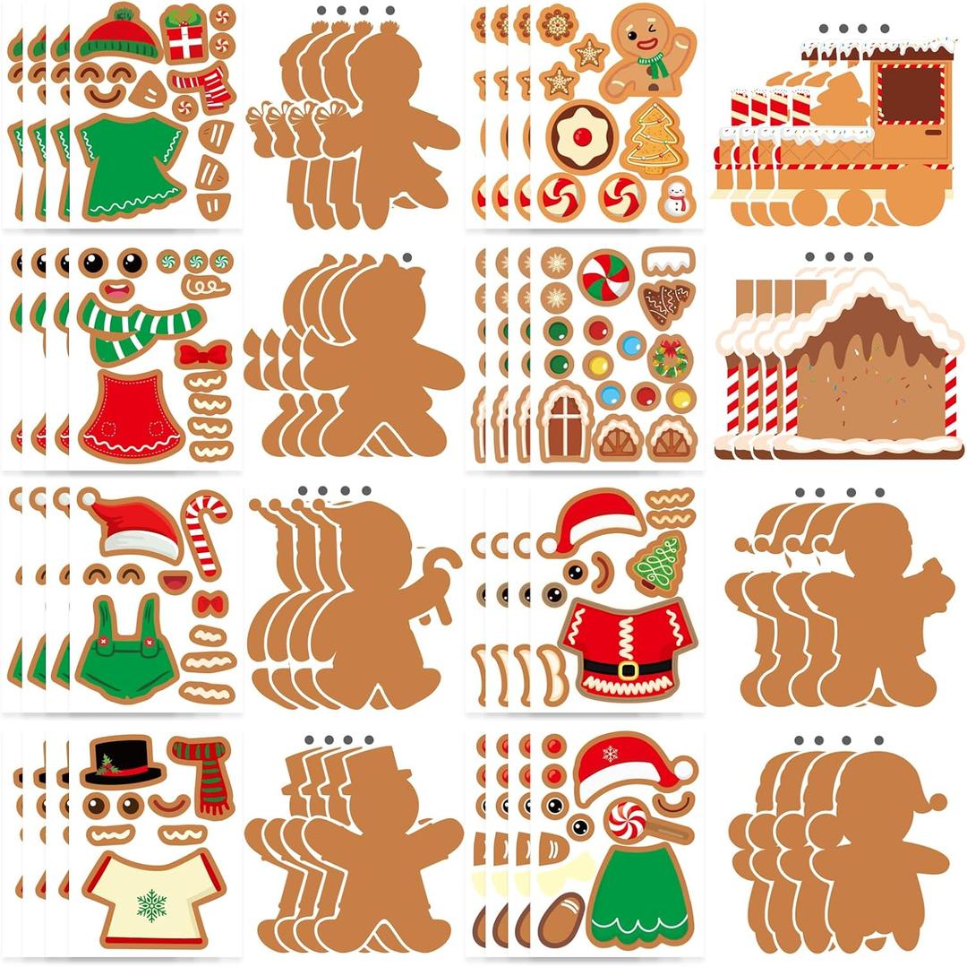Christmas Gingerbread Man Craft Kit for Kids, Make a Gingerbread House Hanging Ornament Sticker Kit, Christmas Party Favor Home Classroom Activity(24 Sets)