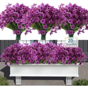 20 Bundles Artificial Flowers for Outdoors, UV Resistant Fake Realistic Flowers with Plastic Plants Spring Decor, Faux Silk Flowers for Outside Window Box Front Porch Planter Decor-Purple