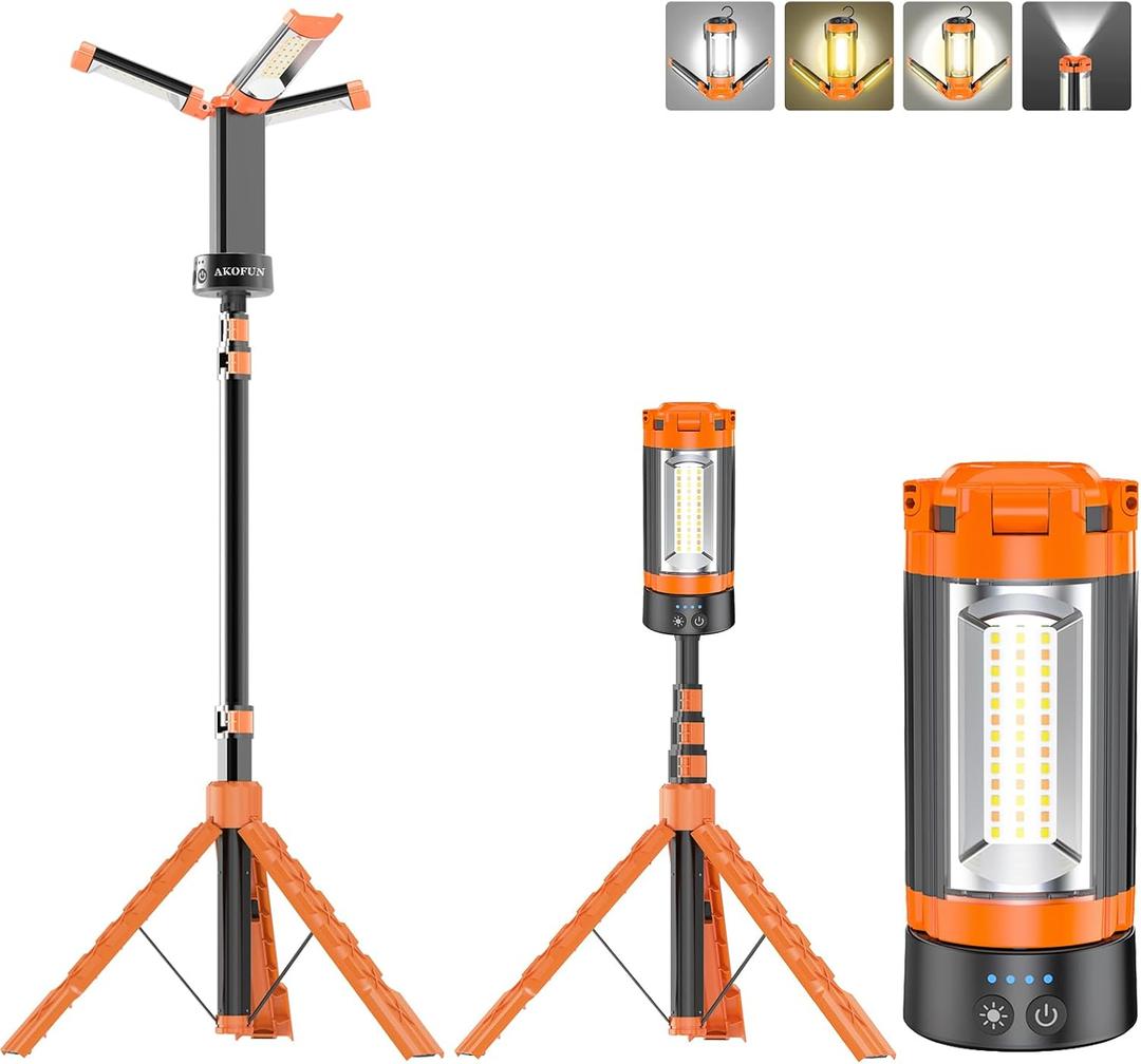 AKOFUN 12000mAh Camping Light with Stand, Rechargeable Work Light, 10000 Lumen Dimmable Cordless Work Light with 3 LED Lamp Heads, Magnetic Emergency Flashlight with 79" Detachable Tripod