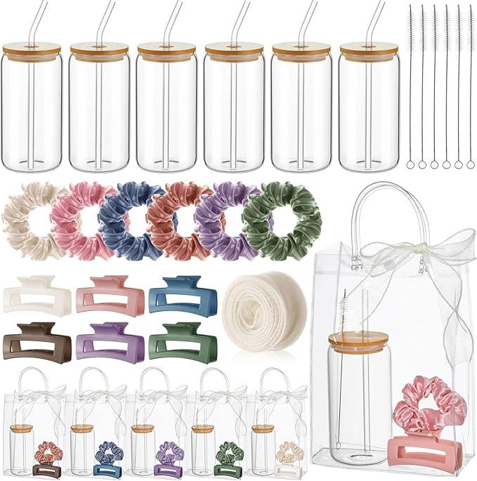 SiliFine 25 Pcs/6 Set Birthday Gifts for Girls, Macaron Birthday Gifts Party Supplies 6 Glass Cups 6 Hair Bands 6 Hair Clip 6 Tote Bags 1 Ribbon for Women Spa Sleepover Slumber Party Favor