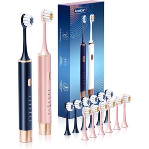 Aneebart Blue & Pink Electric Toothbrush for Adults, USB Rechargeable Sonic Toothbrush with 12 Brush Heads, Smart Timer, 6 Modes, 2-Hour Fast Charge Last 30 Days
