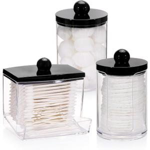 Tbestmax 3 Pack Qtips Holder Dispenser - Bathroom Organizers and Storage Containers, Plastic Apothecary Jars with Black Lids for Cotton Swab, Cotton Round Pads, Floss