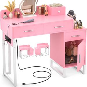 Vanity Desk with 4 Storage Drawers - Modern Makeup Vanity Table with Charging Station, Pink Vanity Desk with Reversible Cabinet Dressing Table Set with Divided Organizers for Women Girls, Pink & White