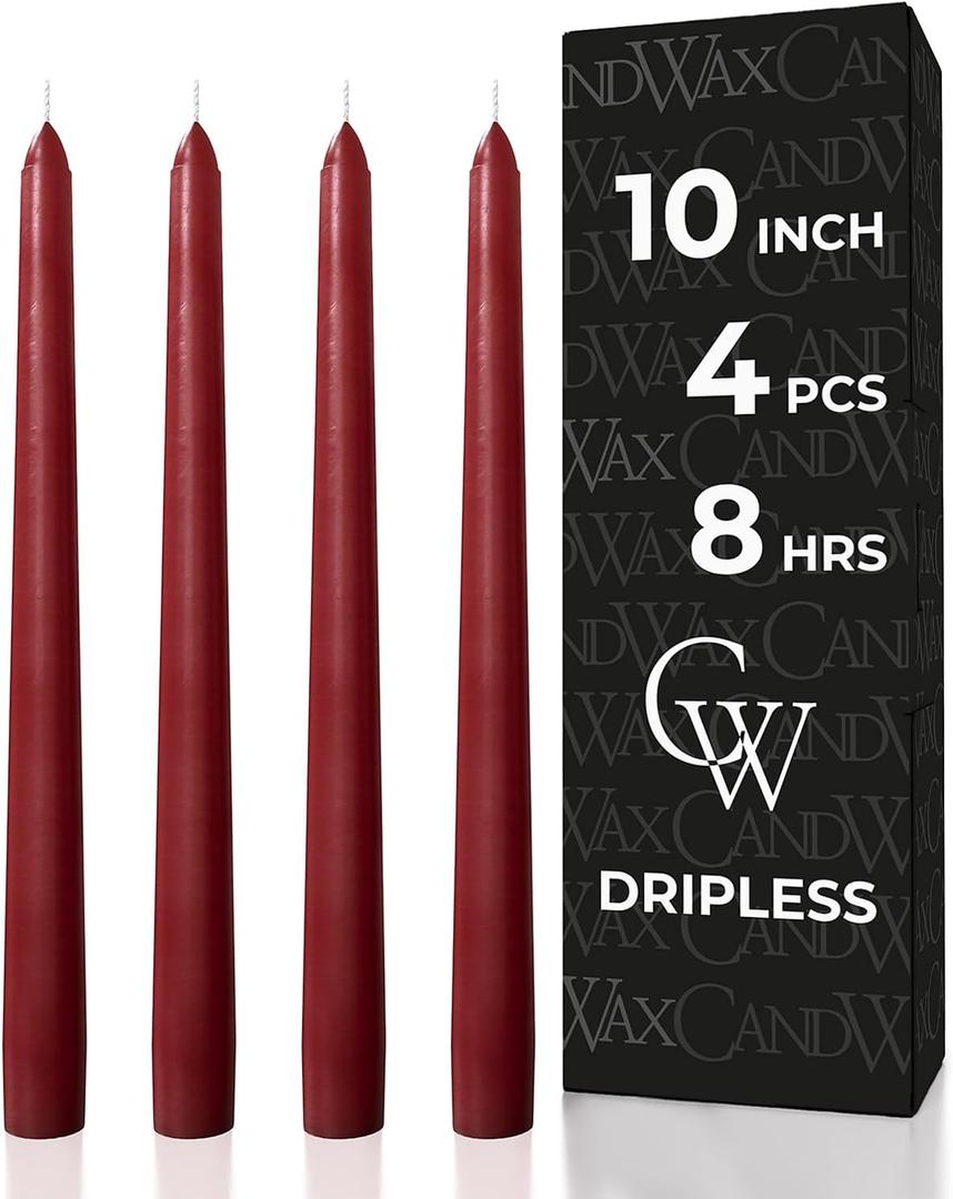 CANDWAX Burgundy 10 inch Taper Candles Pack of 4 - Unscented Dripless Burgundy Candlesticks - Perfect as Christmas Decorations and Home Decor for Dinner Table Centerpieces - Christmas Taper Candles
