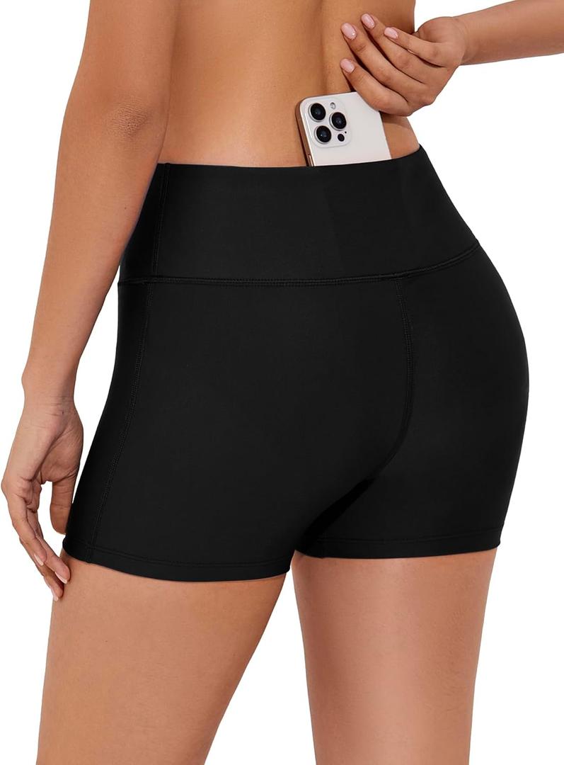 Tournesol Women's 3" Swim Shorts High Waisted Bathing Suit Bottoms Seamless Board Shorts UPF50+ Boyshorts with Pockets (X-Large, Black)