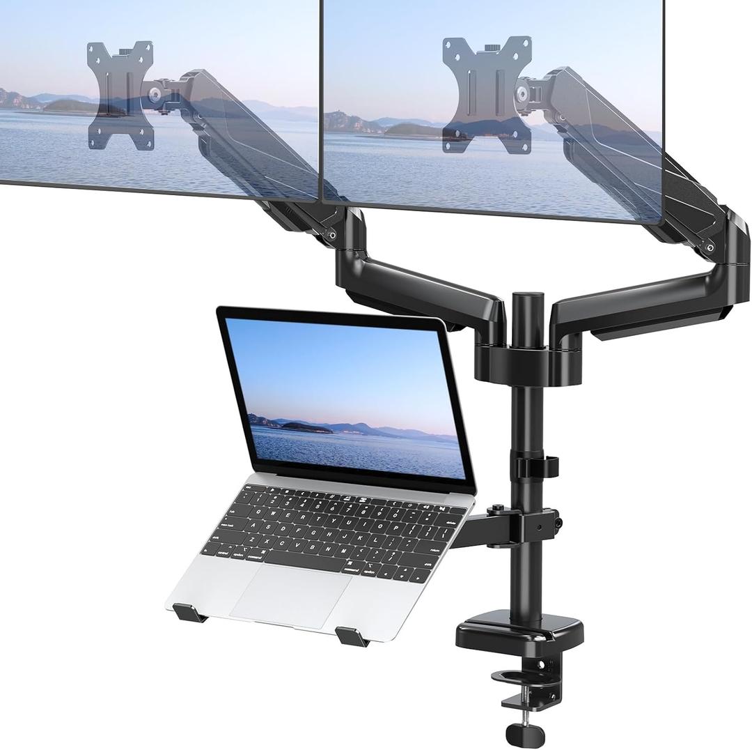 MOUNT PRO Monitor and Laptop Mount for 2 Max 27" Computer Screens, Laptop Tray Fits 10-17inch Notebook, 3-in-1 Adjustable Laptop and Monitor Desk Mount with VESA Bracket 75/100mm MOUNT PRO Monitor and Laptop Mount for 2 Max 27" Computer Screens, Laptop Tray Fits 10-17inch Notebook, 3-in-1 Adjustable Laptop and Monitor Desk Mount with VESA Bracket 75/100mm