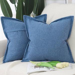 MADIZZ Pack of 2 Faux Rustic Linen Throw Pillow Covers with Flange Edge Soft Boho Natural Decorative Pillowcases for Sofa Living Room Modern Throw Pillows for Bed 20x20 Inch Denim Blue