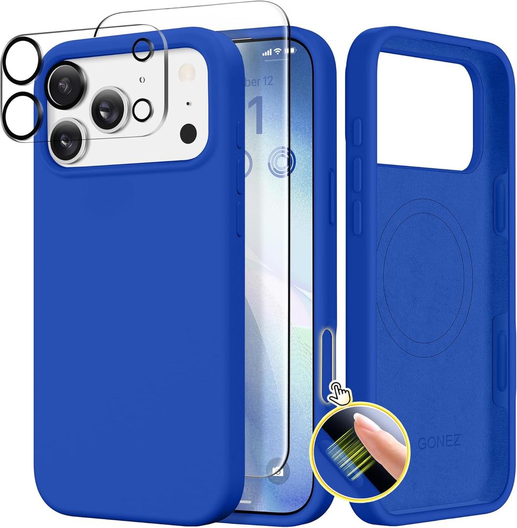 GONEZ Magnetic for iPhone 17 Pro Case, Compatible with MagSafe, [Screen Protector + Camera Lens Protector], Liquid Silicone Anti-Scratch Shockproof Protective Phone Case 6.3 inch, Klein Blue