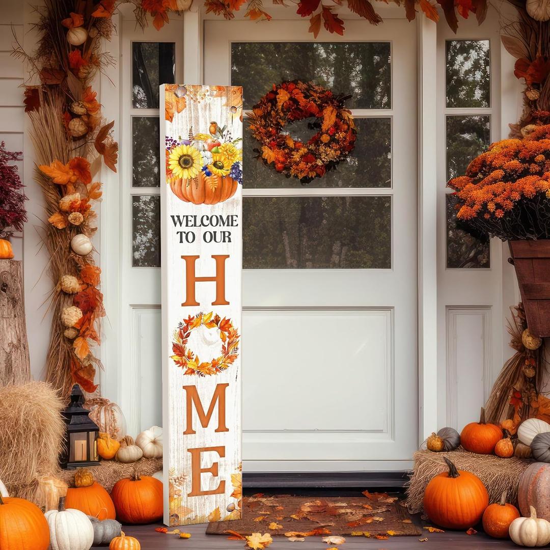 Farmhouse Thanksgiving Welcome Porch Signs 47" Wooden Fall Thanksgiving Decorations for Home Porch Large Maple Pumpkin Fall Vertical Sign Outside Decoration for Harvest Party Decor Home (Blue)