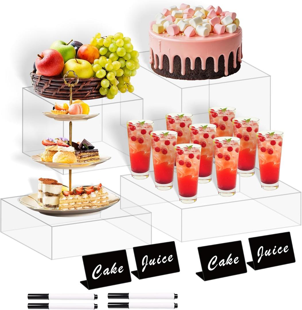frtzal 4PCS Food Risers for Buffet Table Display Stand for Catering Dessert Matte black Cube Boxes Nesting Risers with Hollow Bottoms (Transparent, L-8,19,10,12)