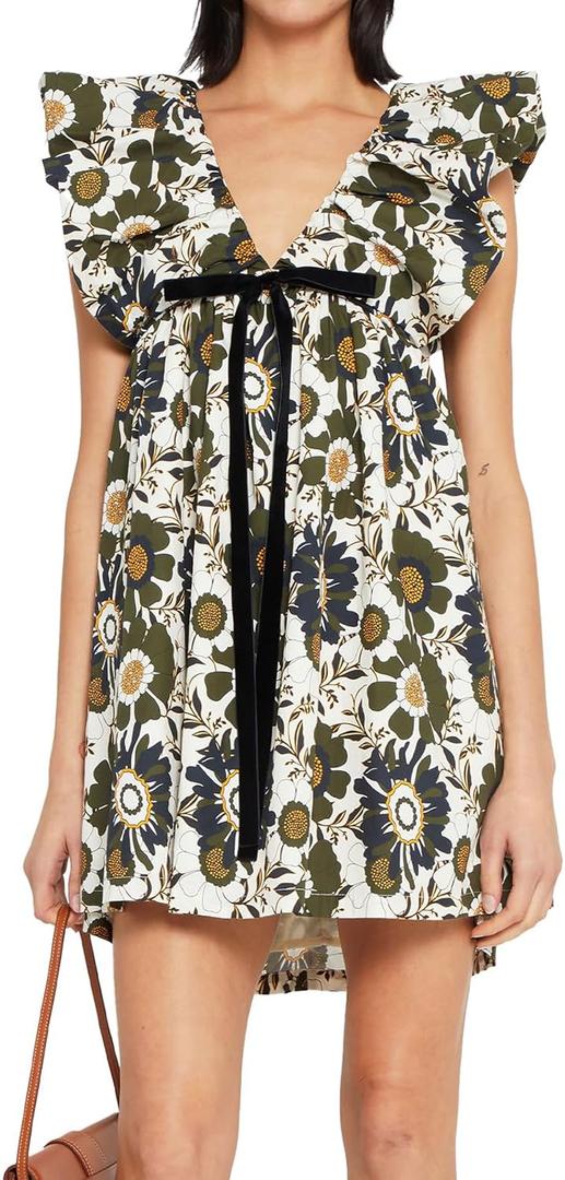 hibshaby Women's Floral Print Mini Dress V Neck Puff Sleeve Dress Short Babydoll Bow Dress (Printed Dark Green)