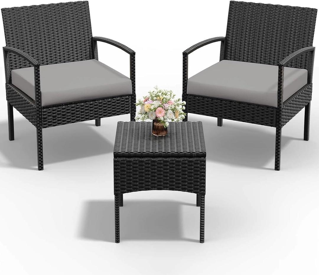 PROHIKER 3 PCS Patio Rattan Conversation Chairs Set, Outdoor Patio Furniture Balcony Furniture Set, Wicker Patio Bistro Set for Garden Porch Balcony Yard, Gray (Grey)