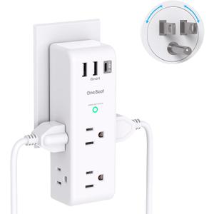 Surge Protector Outlet Extender with Rotating Plug - One Beat 6 AC Multi Plug Outlet with 3 USB Ports (1 USB C), 1800J Wall Charger, 3-Sided Power Strip Spaced Outlet Splitter for Home Office Travel (1C2A, 1 Pack, White)