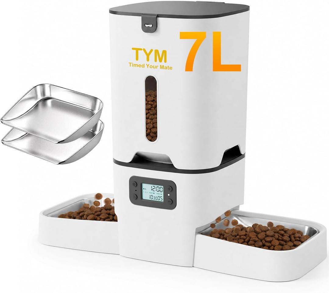 TYM Automatic Cat Feeder 2 Cats, 7L Cat Dry Food Dispenser with Double Bowls, Dual Auto Dog Feeder with Programmable Timer, Dual Power Supply, Easy to Clean for Multiple Cats and Small Dogs