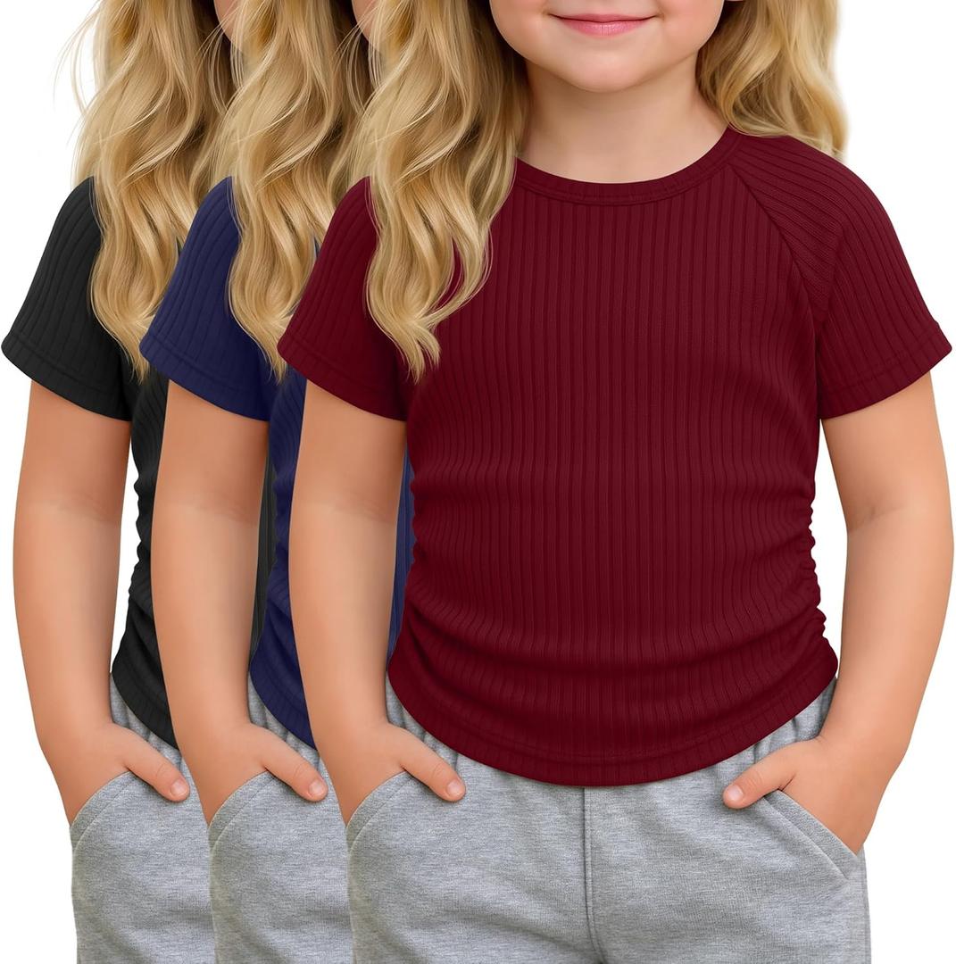 3 Pack Toddler Girl Shirts Summer | Cotton, Basic Tee, Cute, Ribbed Knit, Short Sleeve, Soft, Breathable, Lightweight, Stretchy, Casual, Ages 18M-5T