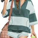 ReachMe Womens Workout Striped Short Sets 2 Piece Outfits Summer Matching Lounge Sets Top and Shorts with Pockets (Medium, Green Green)