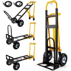 3 in 1 Convertible Hand Truck Dolly Cart with 10" Pneumatic Wheels, 1000LBS Capacity Heavy Duty Dolly, Hand Cart with Bungee Cords for Logistics, Moving, Shopping, Home, Office (Black Yellow)