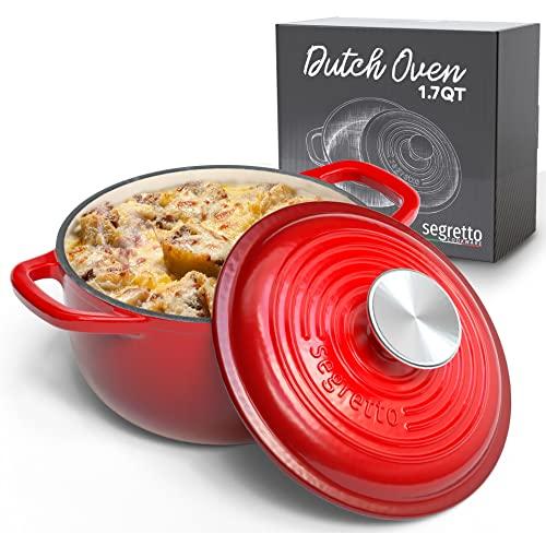 Segretto Cookware Enameled Dutch Oven Pot with Lid Rosso (Gradient Red) 1.7 Quarts Cast Iron Dutch Oven with Handle 1.7 qt Enamel Small Cast Iron Pot for Bread Baking, Cooking, Red