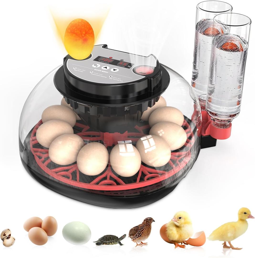 Incubators for Hatching Eggs Automatic Egg Incubator with Temperature Control Humidity Display 12 Egg Capacity for Chicken Duck Goose Eggs Digital Display Auto Turner 360 View