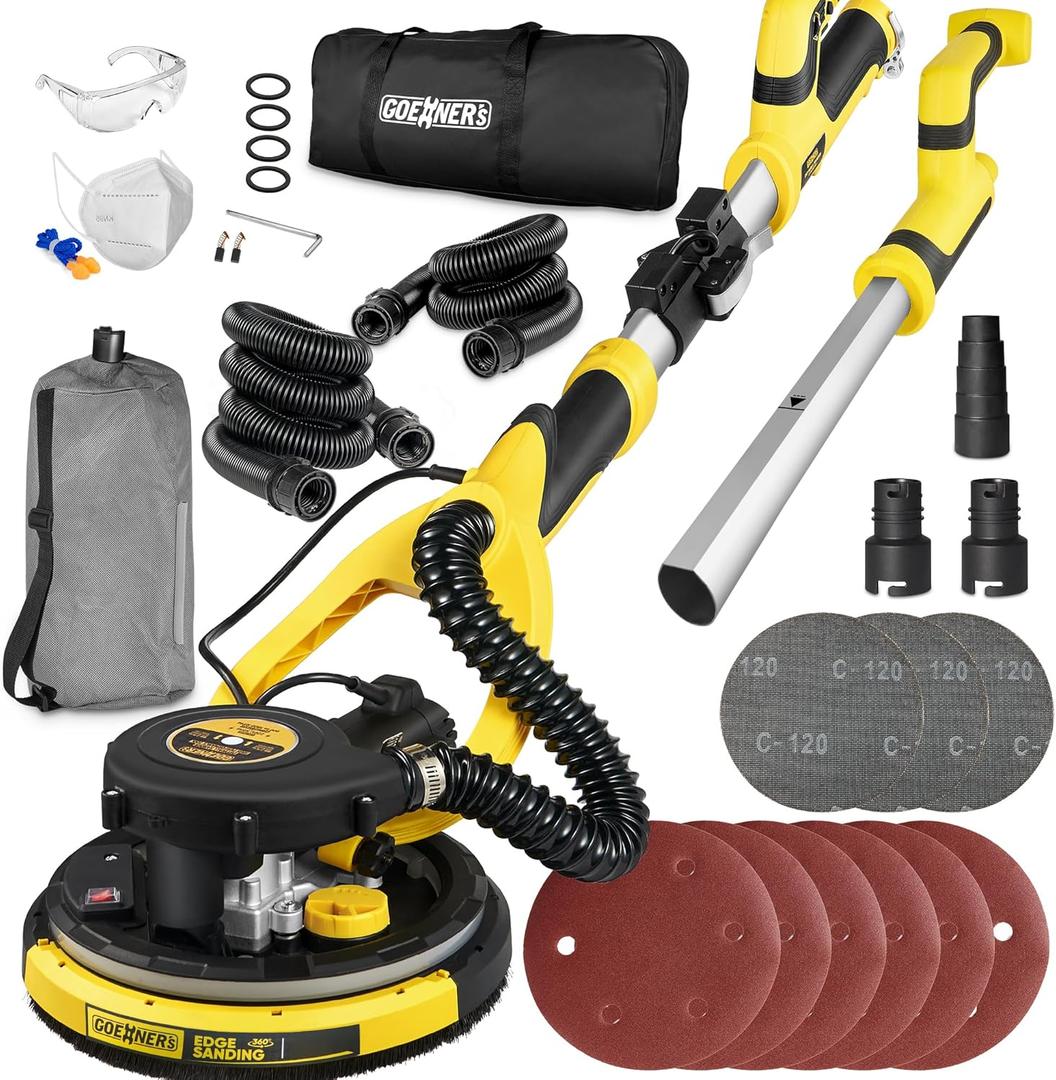 Drywall Sander, Electric Drywall Sander with Vacuum, Automatic Dust Removal, 7 Variable Speed, 900-1800RPM, 26 Power Cord, Labor-Saving Handle and Patented Fixture for Ceiling Sanding, LED Light