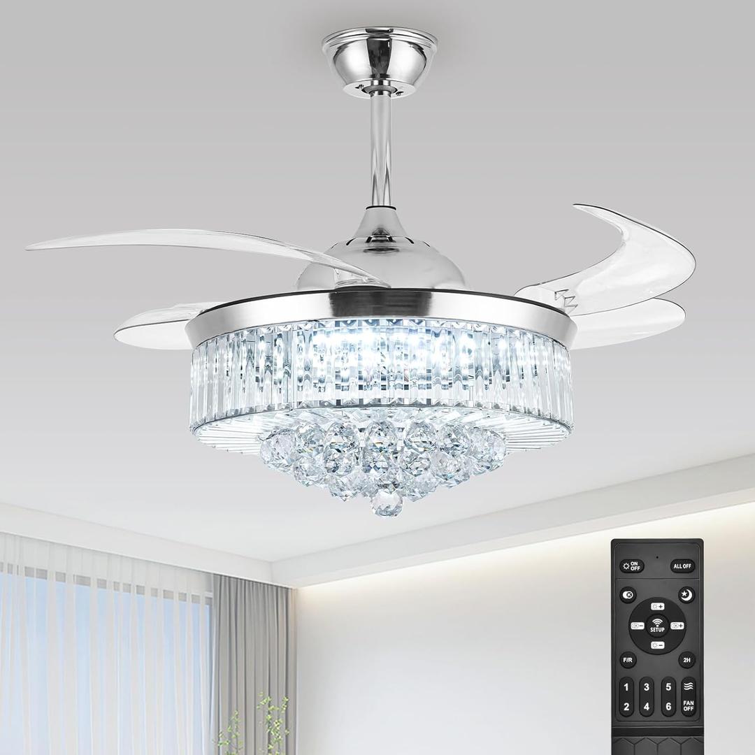 42'' Fandelier Ceiling Fans with Light, Silver Retractable Crystal Chandelier Fan, Reversible, Remote Control, Dimmable Ceiling Light Kits for Dining Living Room, Bedroom, White 