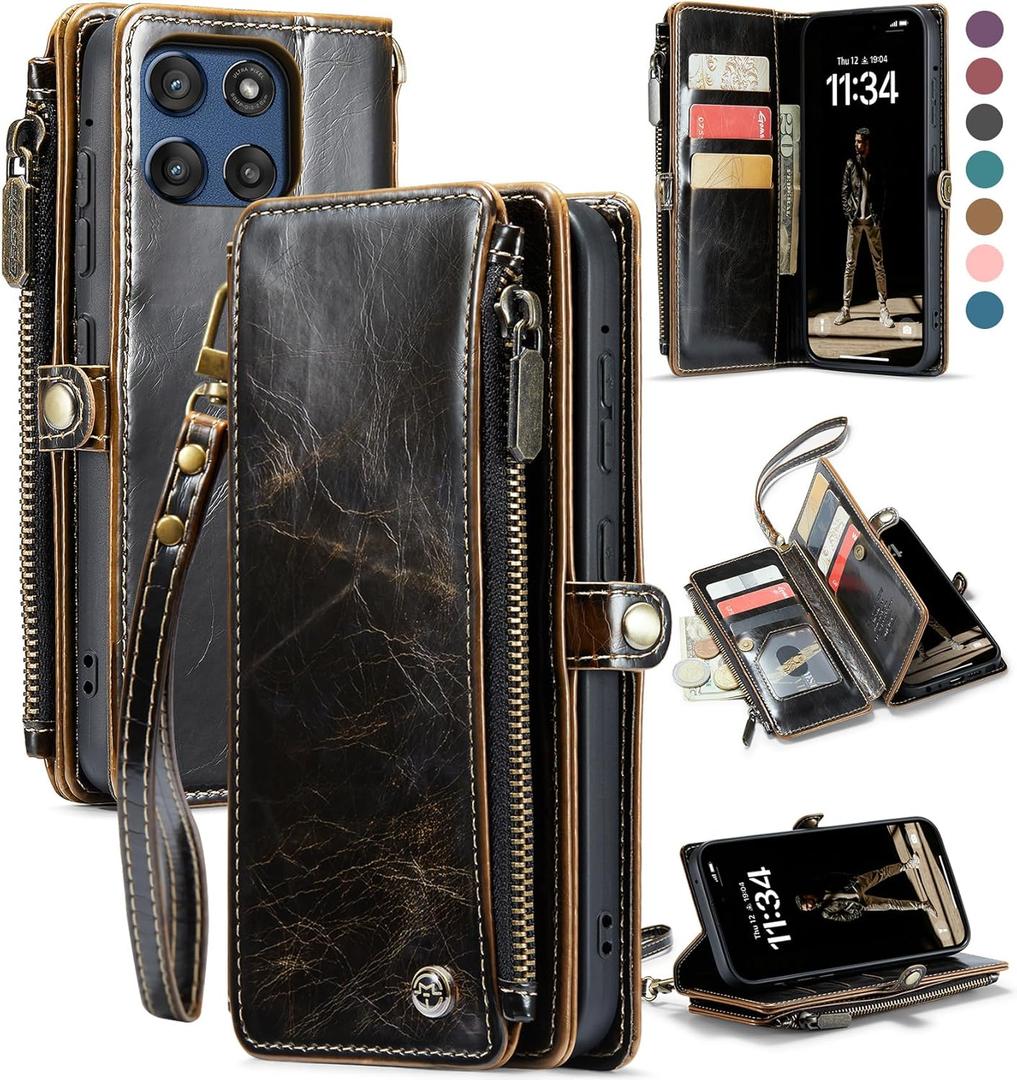 Defencase Compatible with Moto G Stylus 5G (2025) Case, RFID Blocking Wallet Case for Motorola Moto G Stylus 5G 2025 PU Leather Flip Strap Zipper Card Holder Phone Cases for Women and Men, Coffee