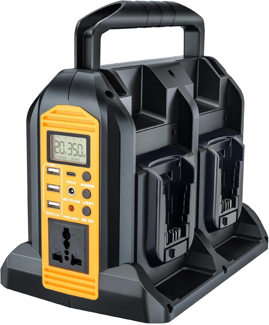 YEX-BUR 350W Power Inverter for Dewalt 20v 60v Battery, 4-Ports DC 20V to AC 120V Pure Sine Wave Inverter with 3 USB-A & 1 USB-C Port, 300LM LED Light for Outdoor Activities(No Battery)