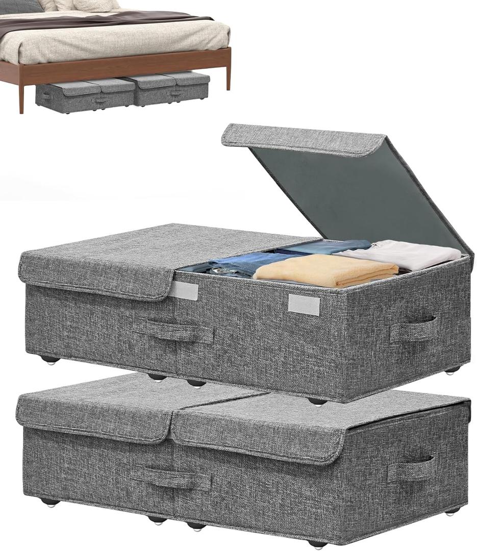 Under Bed Storage Container with Wheels, 2 Pack 5.5" High Deep Underbed Rolling Box Storage Bins Drawers with Lids for Bedroom, Dorms, Clothes, Shoes, Blankets, No Assemble Required, Gray (5.5 inch Height)