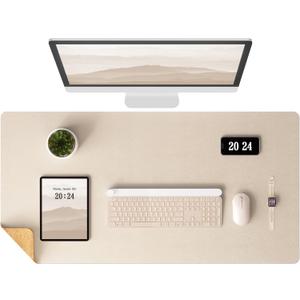 Aothia Dual-Sided Desk Mat - Leather & Cork Desk Protector, Large Mouse Pad & Writing Pad for Office/Home, Waterproof, Beige (35.4" x 15.7")