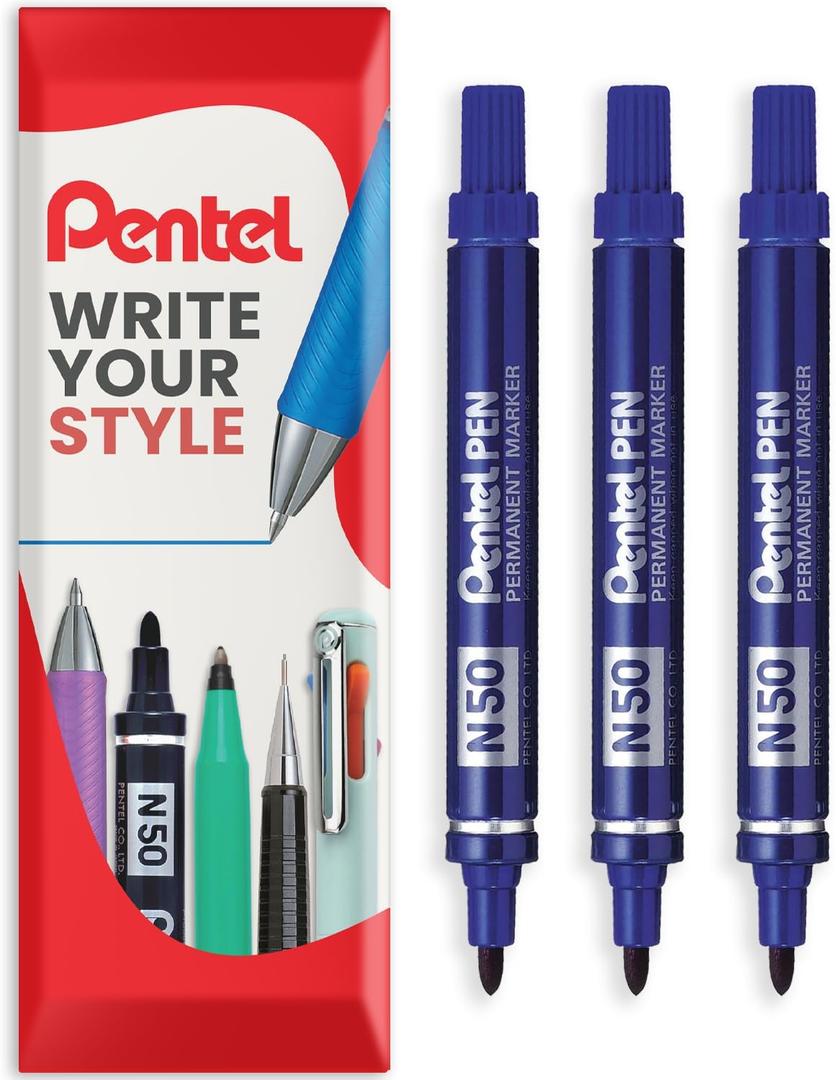 Pentel N50 Fine Permanent Marker - 4.3mm Bullet Tip - Multi Surface Use - Cardboard, Metal, Wood, Plastic & Glass Marker Pens - In Pillow Packaging - Blue, Pack of 3