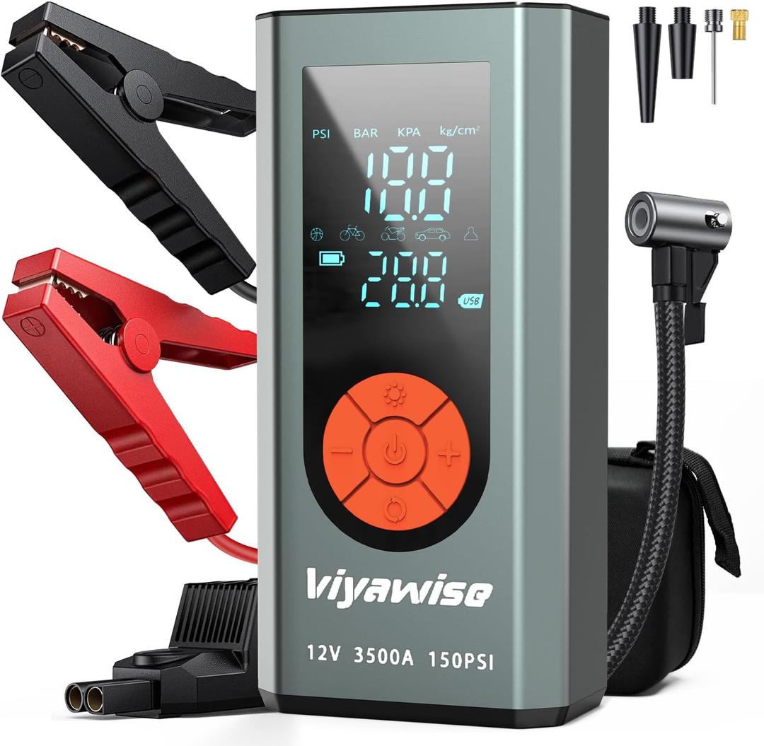 Portable Car Jump Starter with Air Compressor, 3500A Jumper Starter Battery Pack with 150PSI Tire Inflator,12V Jump Box for Charger with LCD Display (Up All Gas/8L Diesel Engine)