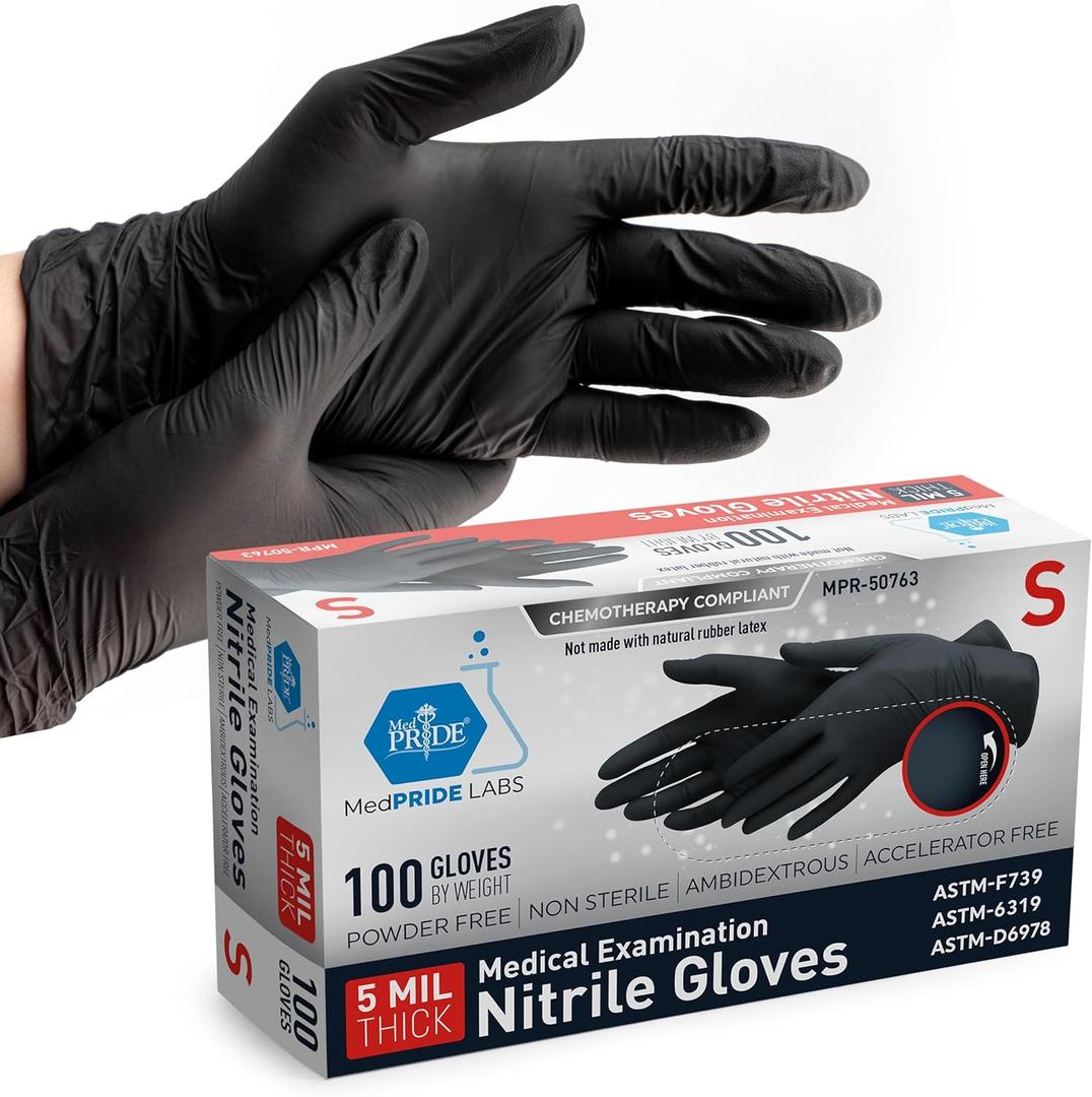 2 x MED PRIDE Nitrile Gloves - Box of 100 Gloves | 5 Mil Thick, Powder-Free, Latex-Free, Lab, Chemotherapy Compliant