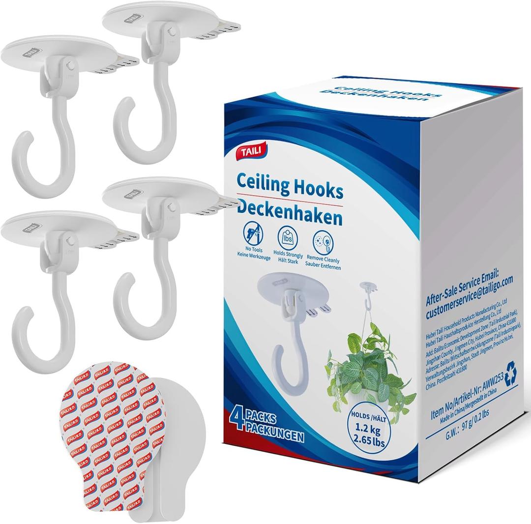 TAILI Adhesive Ceiling Hooks for Hanging Plants, Heavy Duty No-Drill Removable Sticky Wall Hooks Hanging Christmas Lights Garland Coat for Door Kitchen, Renter Friendly - 4 Pack White