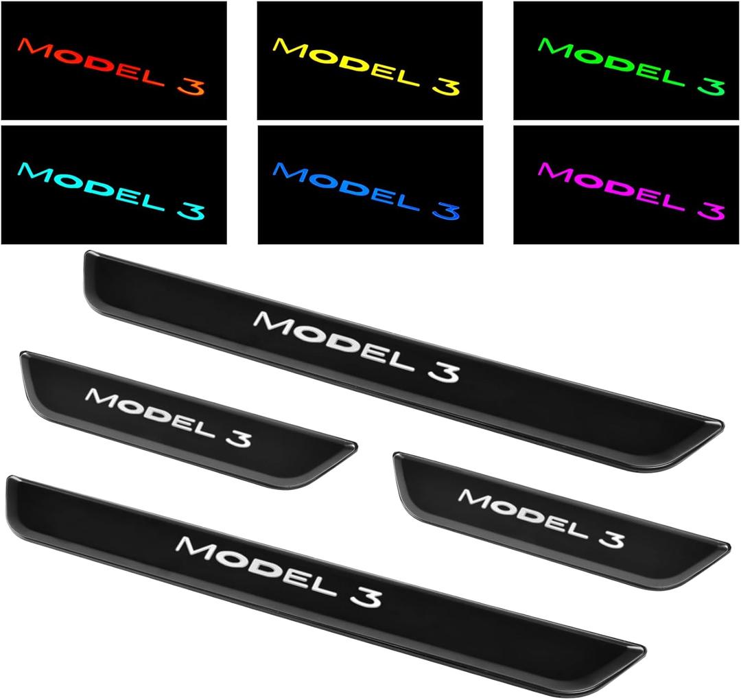 LED Door Sill Lights for Tesla Model 3 2017-2025 Accessories, ABS Scratch-Resistant Sill Protector with 7-Color RGB Lighting, Battery Powered Model 3 Pedal Mood Lamp, Matte Black, 4PCS