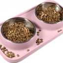 Cat Food Bowls, Cat Bowls Non-Skid and Non-Spill Silicone Pads with PP Stand, Removable Stainless Steel Food and Water Dishes for Cats, Small Size Dogs (Pink)