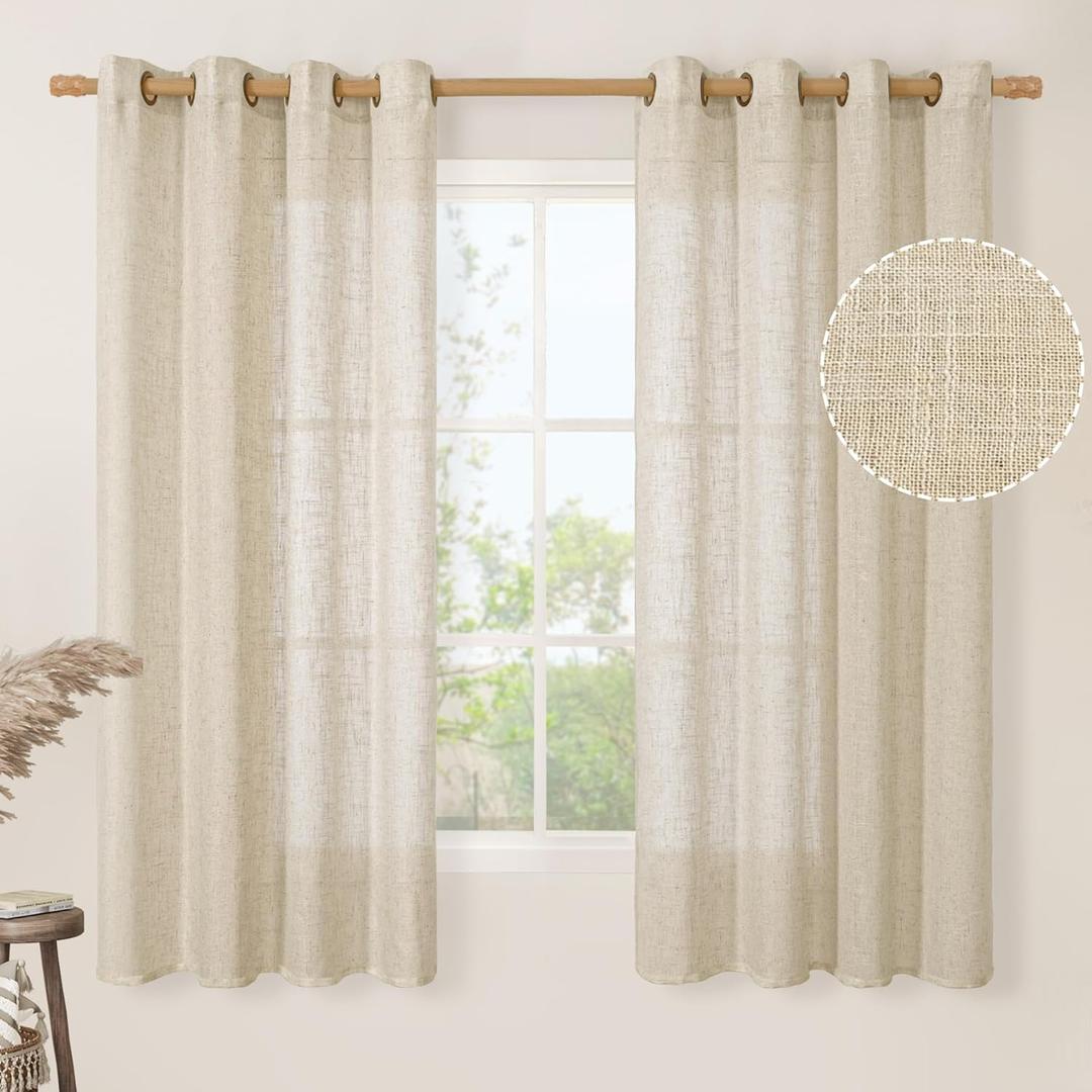 LAMIT Light Filtering 63 inch Length Sheer Curtains, Soft Semi Sheer Linen Textured Bronze Grommet Neutral Boho Drapes for Living Room/Bedroom, 2 Panels Set, 52 x 63 Inch, Linen