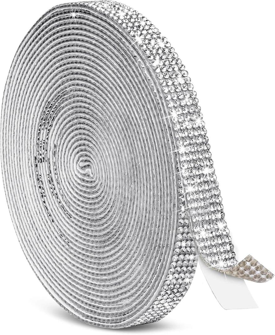 Tetutor 5 Yards Self Adhesive Rhinestone Ribbons, Sliver Rhinestone Strips, Diamond Crystal Rhinestone Ribbon Roll Stickers Glitter Bling Ribbons Rhinestones for Crafts Fabric Car Shoes Décor