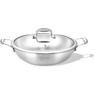 LOLYKITCH 11 Inch Tri-Ply Stainless Steel Wok Pan with Lid,Deep Frying Pan,Jumbo Cooker,Induction Wok,Suit for All Stoves,Dishwasher and Oven Safe.